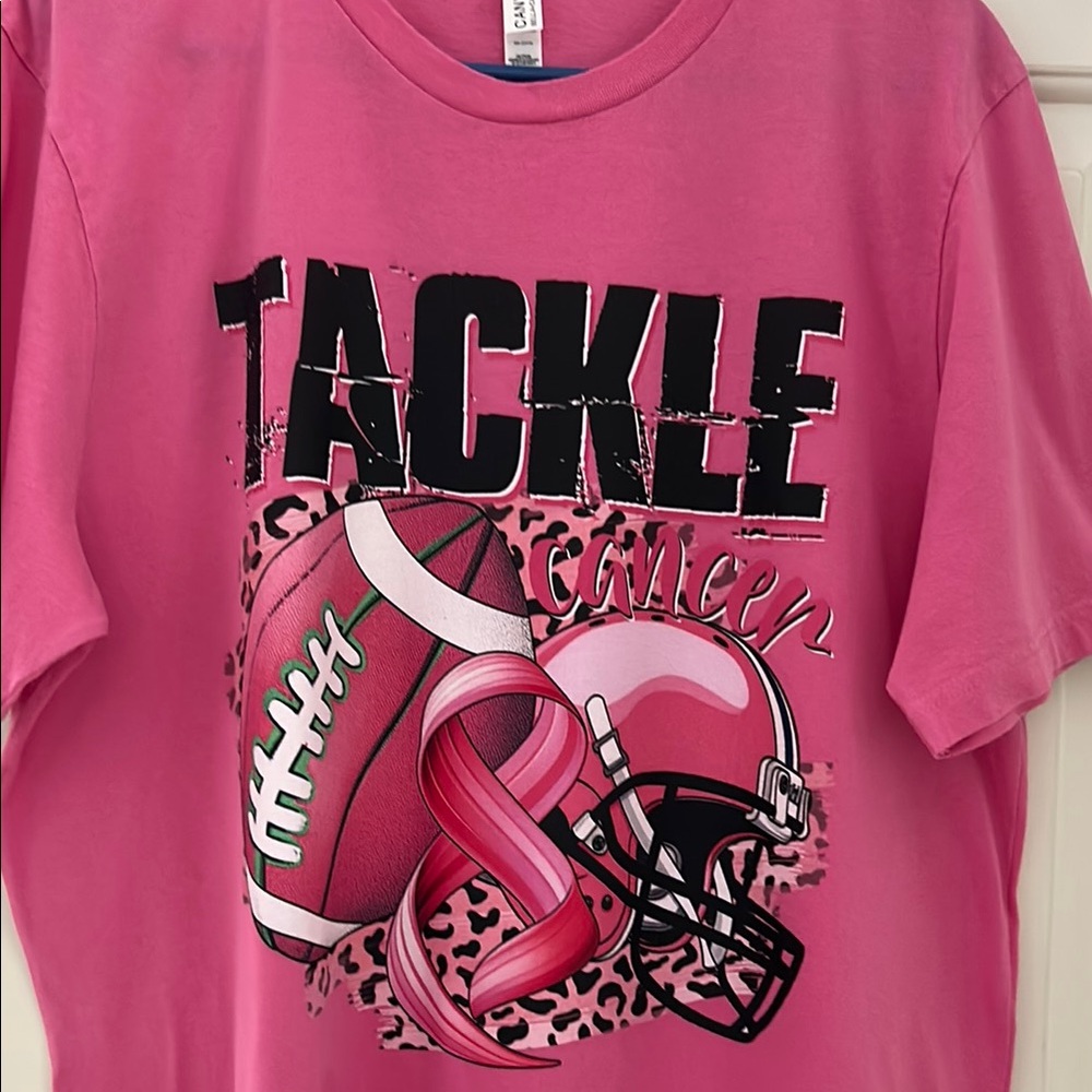 Tackle Cancer Football Bright Bold Pink Tee woman’s XL